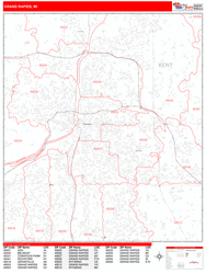Grand Rapids Wall Map Zip Code Red Line Style 2024